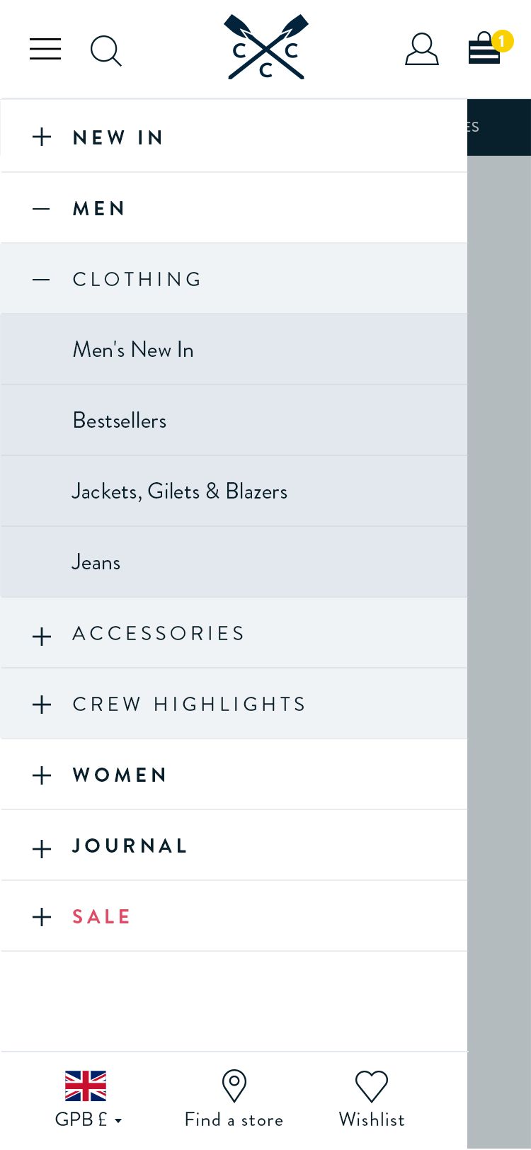Responsive Digital design of the Crew Clothing homepage